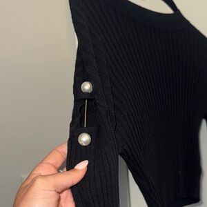 Rehab Black Ribbed Long Sleeve Top with Pearl Accent